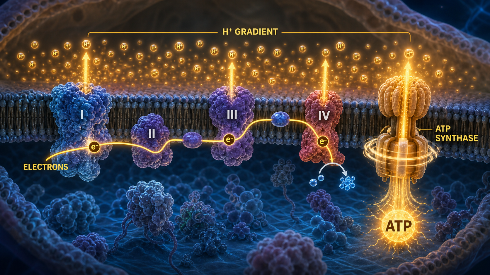 The mitochondrial electron transport chain creating a proton gradient used by ATP synthase